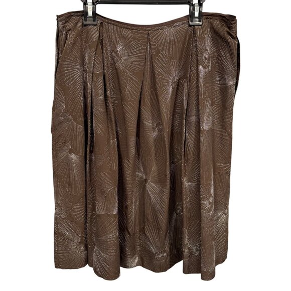 Talbots Brown Silk Pleated Skirt Metallic Floral Pockets Quiet Luxury 10P NEW - Picture 2 of 12
